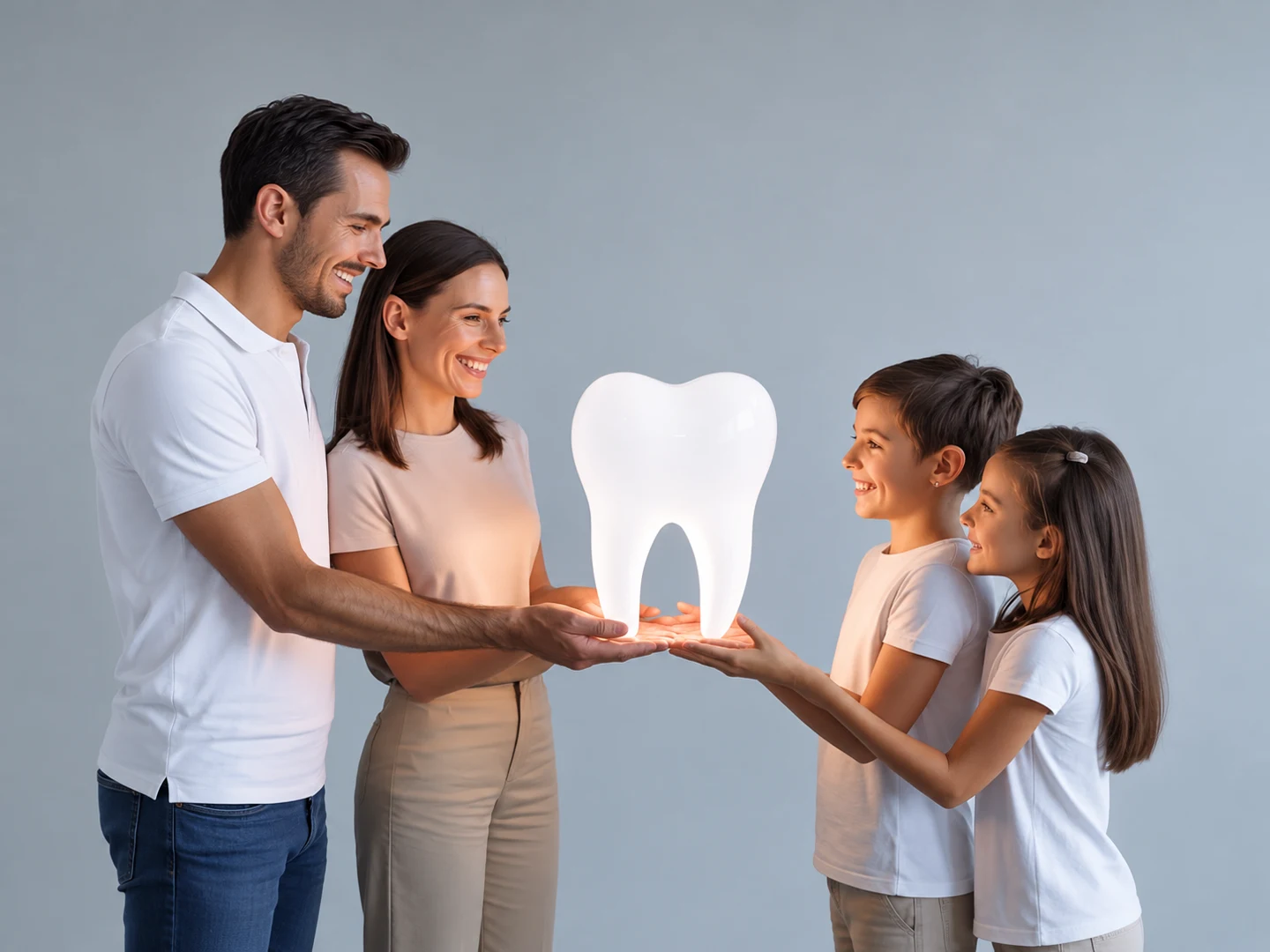Family holding an illuminated tooth together, a dental-care illustration